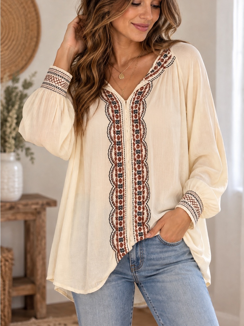 Democracy Cream Embroidered V-Neck Long Sleeve Blouse with Rust Accents